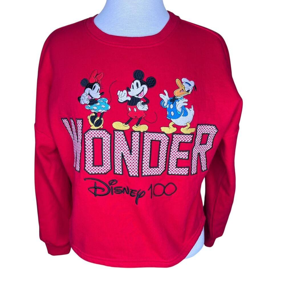 Disney 100 Anniversary “WONDER” Boxy Red Embroidered Sweatshirt Size M (7-9) EUC